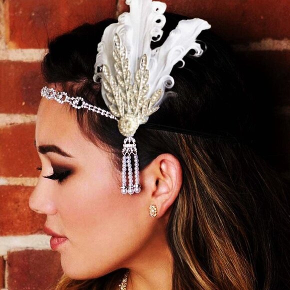 Feather Headband Pearl Crystal 1920s Flapper Hair Accessories for Women Girls main image 5